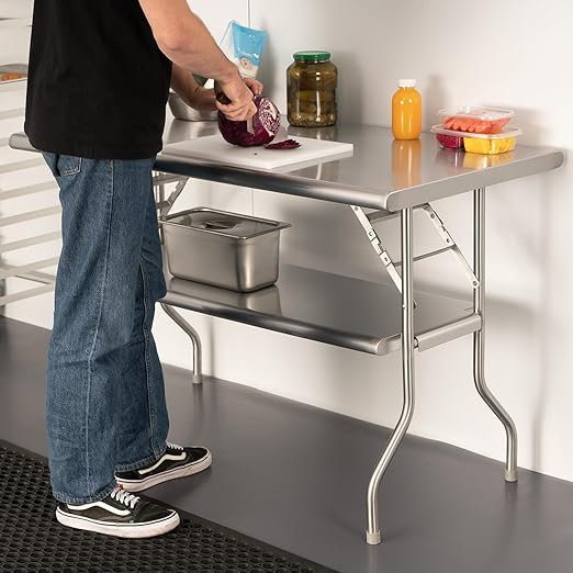 HARDURA Folding Stainless Steel Table 24X48 Inches with Adjustable Undershelf and Legs NSF Commercial Portable Folding Prep Table for Restaurant Kitchen Home and Hotel