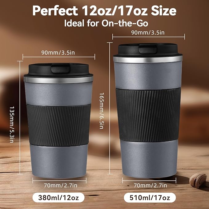 17OZ Travel Coffee Mug Insulated Coffee Cup with Spill Leak Proof Lid, Portable Stainless Steel Tumbler Reusable Hot and Cold Water Mug for Car, Daily, Camping- Gray