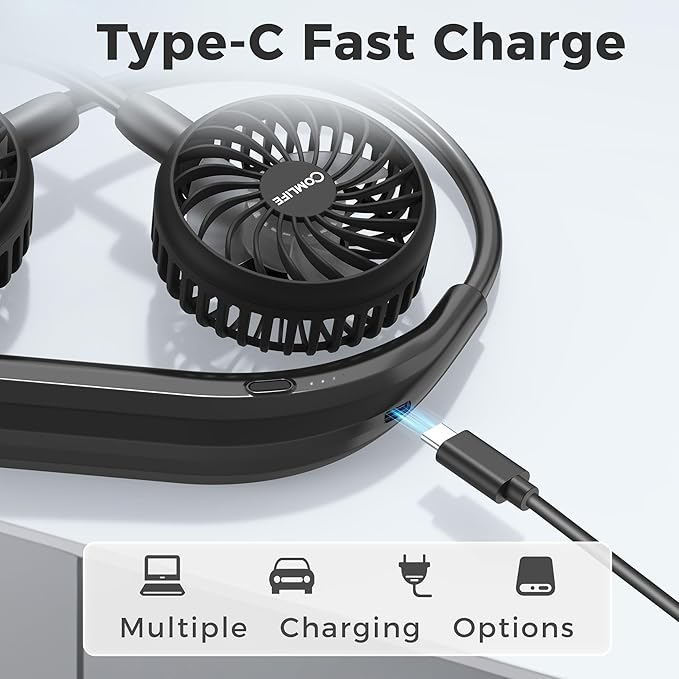 Portable Neck Fan, 2600mAh Battery Operated Ultra Quiet Hands Free USB Fan with Strong Wind, 360° Adjustable High Flexibility Wearable Personal Fan for Home Office Outdoor Travel (Black)