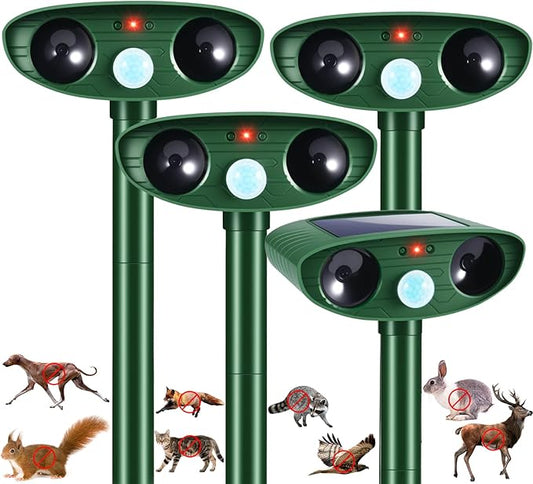 4 Pack Ultrasonic Solar Animal Repellent Outdoor,Deer Repellent Devices Motion Detection,Cat Skunk Dog Raccoon Squirrel Rabbit Deterrent,Waterproof Animal Repeller for Yard Farm