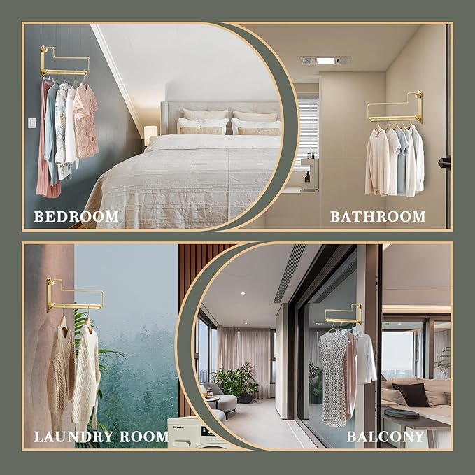 NEWRAIN Clothes Drying Rack, Laundry Racks for Drying Clothes, Wall Mounted Swing Arm Clothes Hanger for Laundry Room, Garage, Indoor & Outdoor Use,Brushed Gold