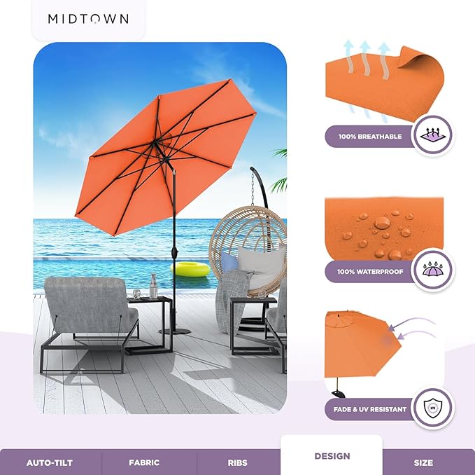 Midtown Umbrellas 10-Year-No-Fade - 9 Ft - UV Proof Tangerine Polyester Fabric - Umbrella Outdoor Patio, Auto-Tilt Aluminum Frame Patio Umbrella for Garden, Pool & Deck - Black Pole