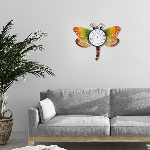 16.5" Outdoor Thermometer, Dragonfly Indoor Thermometer No Need Battery, Metal Wall Thermometer for Patio Room Decor