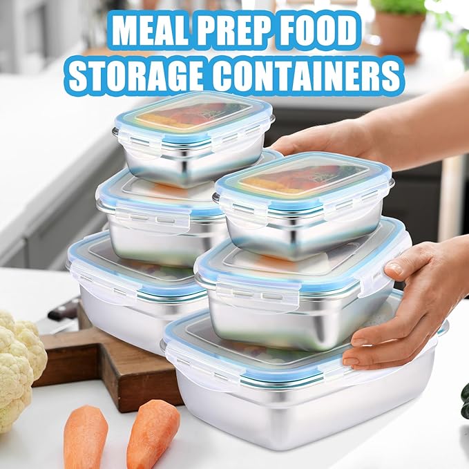 Nuanchu 6 Packs Stainless Steel Food Storage Containers Airtight Metal Food Containers Meal Prep Container Leak Proof Stackable Bento Lunch Box with Lids for Kitchen Travel Picnic and Camping (Blue)