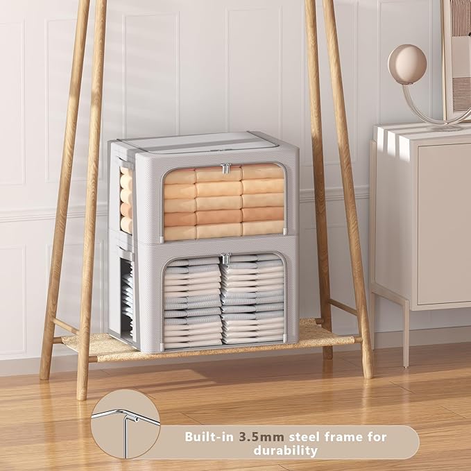 3Pack Frame Storage Box - Clothes Storage Bin Bags Oxford Fabric Foldable Stackable Container Organizer Set with Clear Window & Carry Handles (Grey, X-Small-36L)