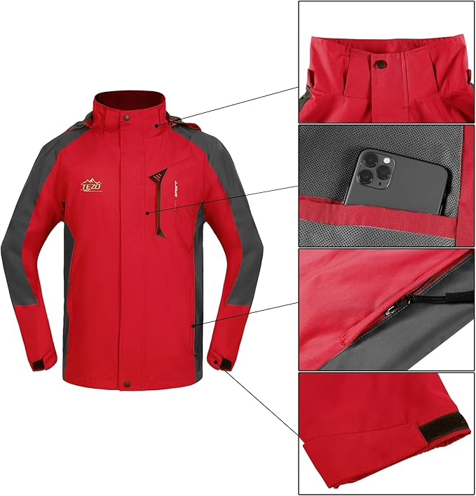 TEZO Mens Rain Jacket Waterproof with Hooded Hiking Coat Lightweight Windbreaker