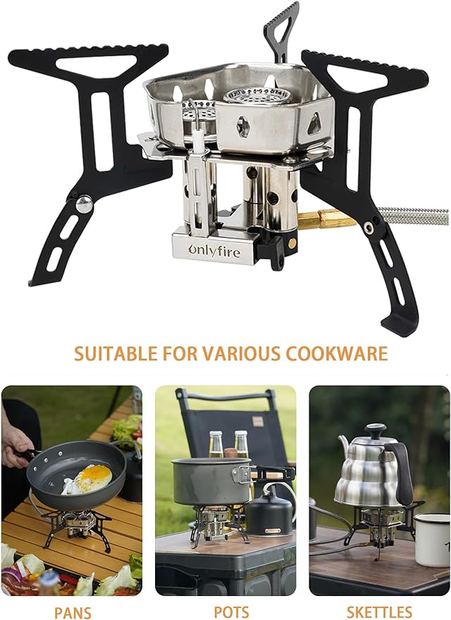 ONLYFIRE 3 Fuel Backpacking Stove with Propane & Butane Adapter, Portable Camping Gas Stove, Mini Camp Stove with Piezo Ignition & Carry Bag for Outdoor Cooking Picnic Camping Hiking GS334