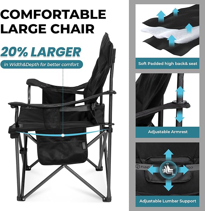 FUNDANGO Oversized Camp Chair for Adults, 2 pack,Heavy Duty Portable Foldable Lawn Chair with padded Seat & back, Lumbar Support, 4-can Cooler & Cup holder, Carry bag included for outdoor (Black/Grey)