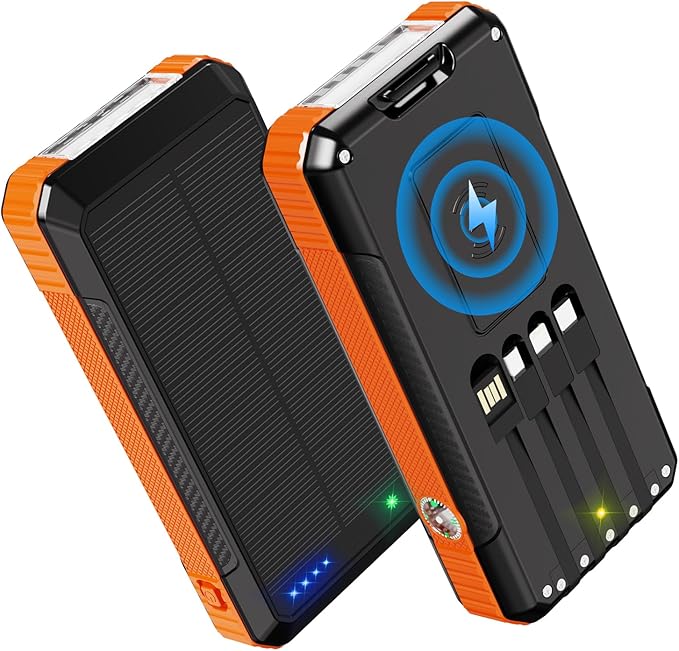 Solar Charger Power Bank 49800mAh, Portable Phone Charging Built-in 4 Cables 22.5W & PD20W Fast Charging for Cell Phones, Type-C Input/Output Port Solar Panel Charger with Dual Flashlights&Compass