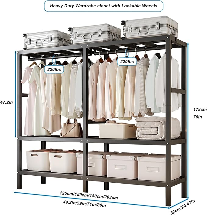 FPIGSHS Heavy Duty Clothes Rack with Cover 2000LBS Foldable Portable Wardrobe Closet for Hanging Clothing Rolling Garment Rack on Wheels for Bedroom Closet System (D(Gauze Curtain Cover, 59in)