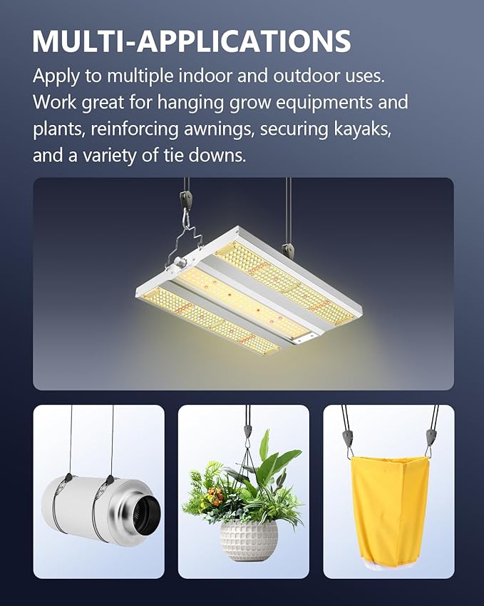 VIPARSPECTRA Retractable Heavy Duty Ratchet Tie Down Straps [4 Pack, 8ft, 75lbs/Pack], Rope Pulley System Rollers with Carabiner Hook for Kayak/Hanging Plants/Grow Light/Tents Various Tie-Down Uses