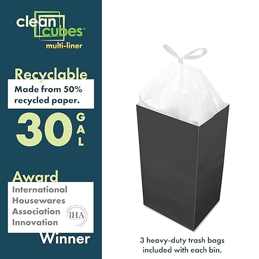 30 Gallon Multi-Liner Disposable Trash Cans (3-Pack) with Fitted Trash Bags - Reusable Garbage and Recycling Bins for Parties, Events, and More (Black- 17" Height x 14" Width x 30" Depth)