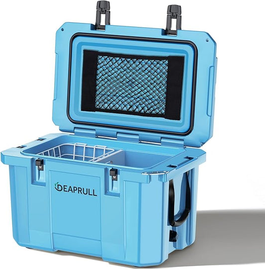 Hard Cooler, Insulated Ice Chest Box Holds Ice for More Days, Portable Cooler with Handle, Cup Holders, Double Latches for Camping Drink, Beach, Picnic, Fishing, Boat, Barbecue