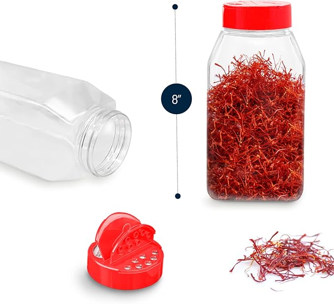 RoyalHouse 6 Pack 32 Oz Plastic Spice Jars with Red Cap, Clear and Safe Plastic Bottle Containers with Shaker Lids for Storing Spice, Herbs and Seasoning Powders, BPA Free, Made in USA