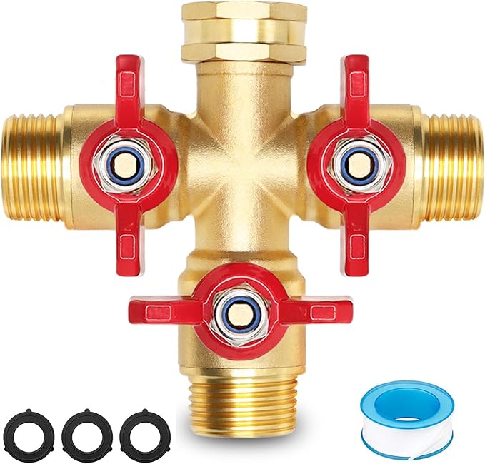 3 Way Hose Splitter, High Flow 3 Way Brass Hose Splitters with Metal Handle and Shutoff Valve, 3/4'' GHT Thread Garden Tap Triple Splitter
