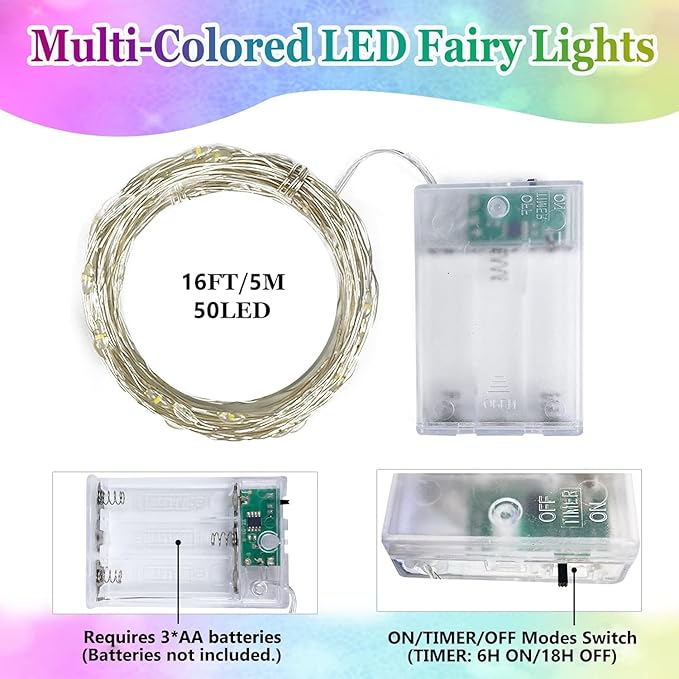 4-Pack Multicolor Christmas Fairy Lights Battery Operated with Timer, Waterproof 16FT 50 LED String Lights Outdoor Indoor, Twinkle Lights for Bedroom Wedding Party Christmas Decoration (Multicolor)