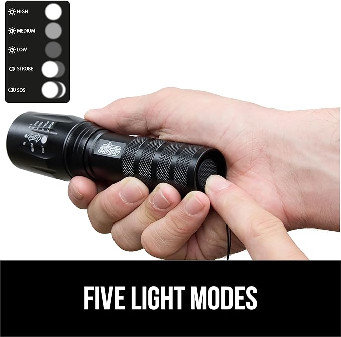 GORILLA GRIP Powerful LED Tactical Flashlight, 750 FT High Lumens 5 Adjustable Modes, Water Resistant, Ultra Bright Zoom Flashlights, Small Mini Flash Light, Camping, Night Dog Walking, 2 Pack Black