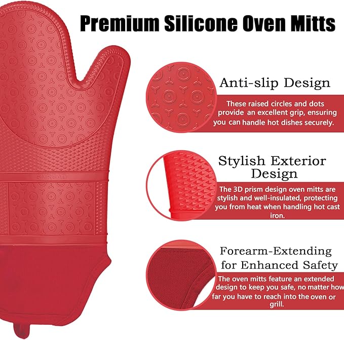 Oven Mitts with Heat-Resistant Hot Pads and Five Silicone Spatulas Designed for Kitchen Baking Cooking, Oven Glove Soft Cotton Lining, Waterproof, BPA-Free (Red, 15.7)