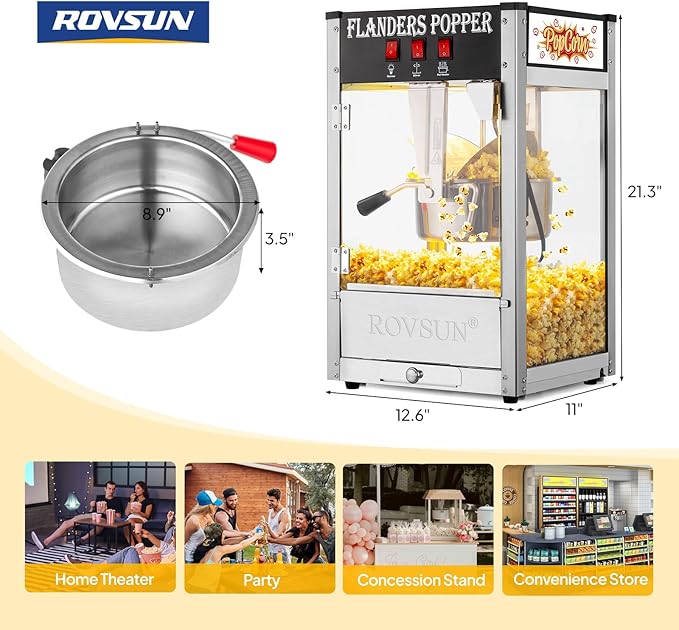 ROVSUN Popcorn Machine with 8 Ounce Kettle Makes Up to 32 Cups ETL Certified, Countertop Popcorn Maker Commercial Popcorn Machine Movie Theater Style w/Scoop, Oil Spoon & 3 Popcorn Cups, Black