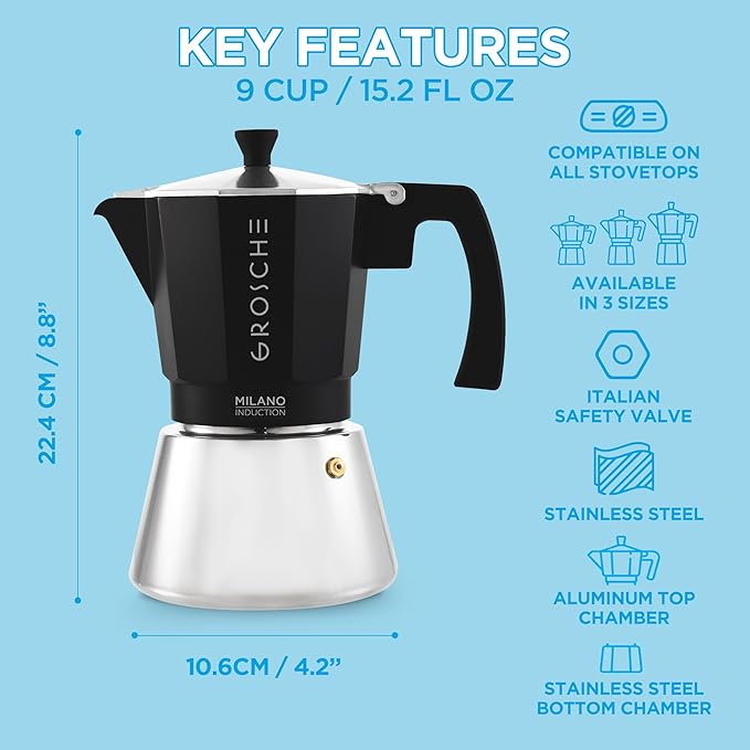 GROSCHE Milano Induction Stovetop Espresso Maker Moka Pot for Greca, Induction, Electric & Gas Stoves, Dishwasher Safe Stovetop Espresso Maker | 9 Espresso Cup, Black