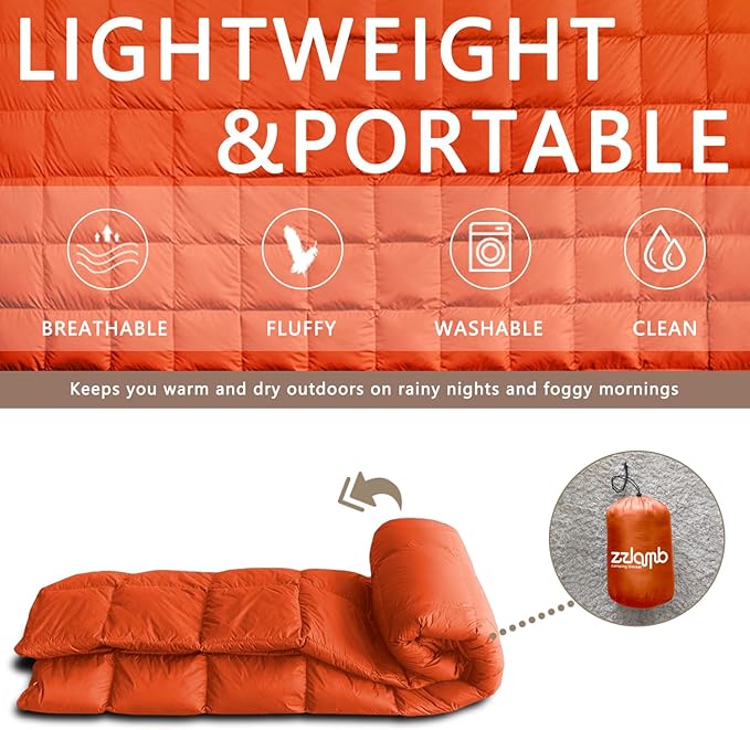zzlamb Puffy Down Camping Blanket Water-Repellent, Down Throw Travel Blanket Portable for Outdoor, Light Warm Quilt for Couch Plane Car Theater Stadium Picnic RV Backpacking Hammock