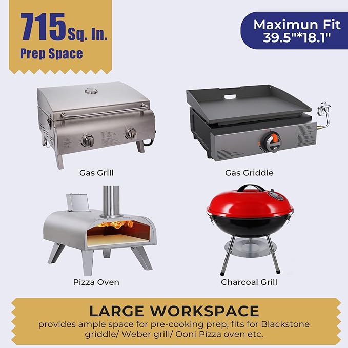 R.W.FLAME Portable Folding Grill & Prep Table with Wheels, Stainless Steel BBQ Stand for Camping, Tailgating & Outdoor Cooking, Rolling Dining Cart for Tabletop Grill, Griddle & Pizza Oven