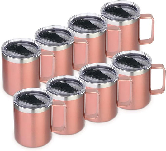 Volhoply 14oz Insulated Stainless Steel Coffee Mug with Lid Bulk 8 Pack,Double Wall Vacuum Travel Coffee Cup with Handle,Reusable Cups Tumbler Cup,Camping Mugs Keep Hot,Ideal Gifts(Rose Gold,8)
