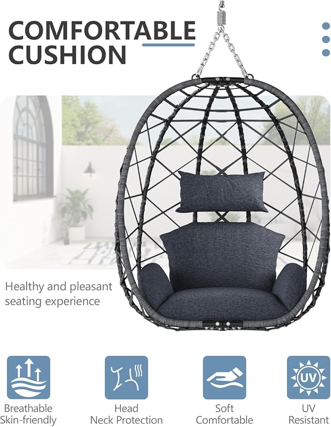 SWITTE Egg Swing Chair with Stand, Outdoor Patio Hanging Egg Chair, Indoor Hammock Chair with Cushion for Garden Backyard, 350LBS Capacity-Dark Grey