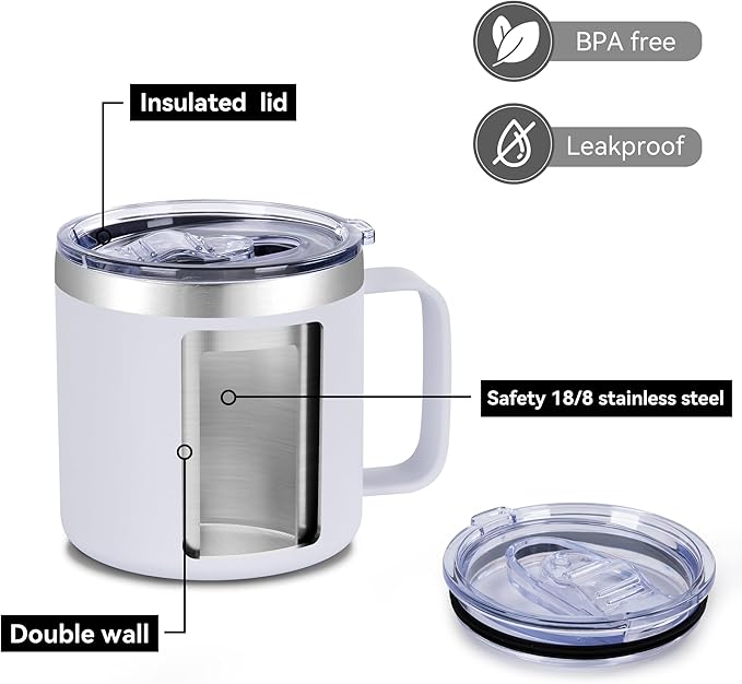 VEGOND 14 oz Insulated Coffee Mug with Handle, Stainless Steel Travel Coffee Mug with Lid, Double Wall Vacuum Metal Coffee Cup, Coffee Tumbler Powder Coated, White 1 Pack