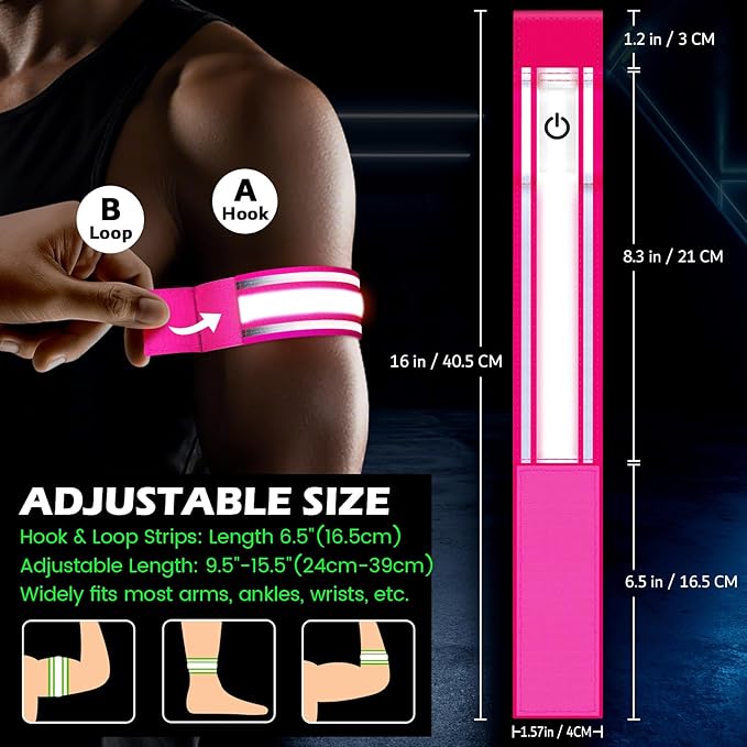 LED Armband for Running 2 Pack, 5 Colors 3 Lights Modes Rechargeable Reflective Light Up Arm Bands, High Visibility Reflective Gear for Running Walking Cycling at Night (Pink)