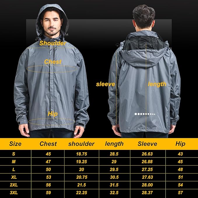 Men's Packable Rain Jacket Waterproof Outdoor Classic Lightweight Raincoat Hooded Windbreaker