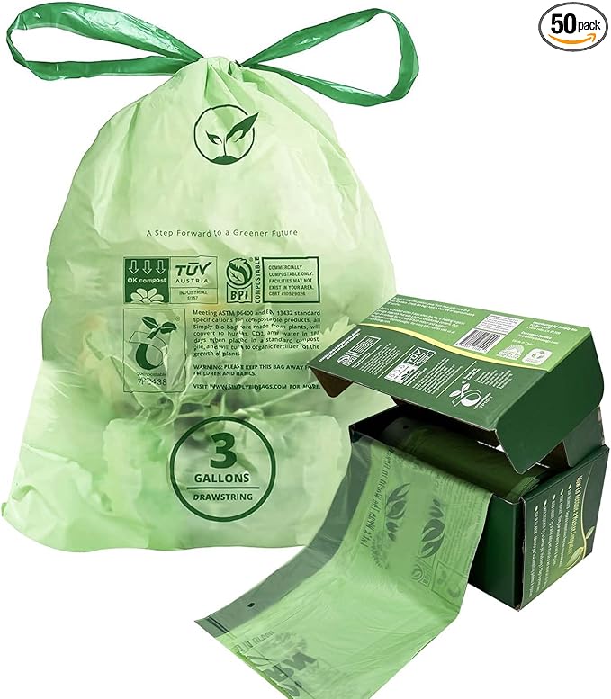 3 Gallon Compostable Trash Bags Drawstring, Heavy Duty Extra Thick 1 Mil, 11.36 Liter, 50 Bags, Small Kitchen Food Scrap Waste Bag, ASTM D6400, US BPI and OK Compost Home Certified