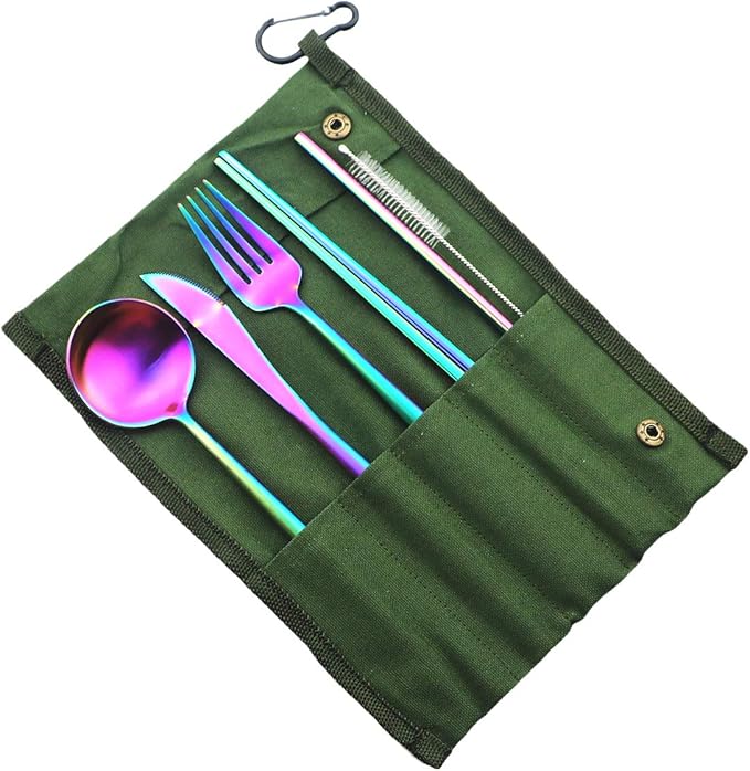 Gugrida Reusable Travel Utensils, 7 Piece Portable 304 Stainless Steel including Knife Fork Spoon Chopsticks Cleaning Brush Straws Portable Pouch, Eco-friendly Camping Silverware Set, Dishwasher Safe