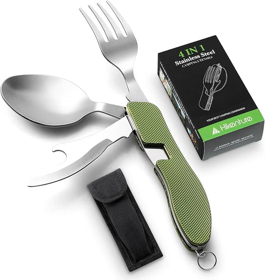 HIKENTURE 4-in-1 Camping Utensils,Stainless Steel Spoon Fork Knife Combo with Bottle Opener,Backpacking Eating Cutlery for Traveling,Hiking,Scouting Hobo Multitool Set (Army Green)
