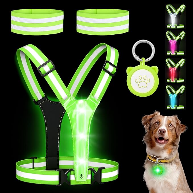 LED Reflective Vest Safety Gear, High Visibility Reflective Running Gear for Dog Walking Running Cycling, Adjustable for Men Women Kids - Reflective Armband and Dog Light with USB Rechargeable
