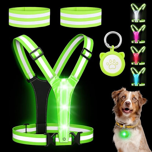 LED Reflective Vest Safety Gear, High Visibility Reflective Running Gear for Dog Walking Running Cycling, Adjustable for Men Women Kids - Reflective Armband and Dog Light with USB Rechargeable
