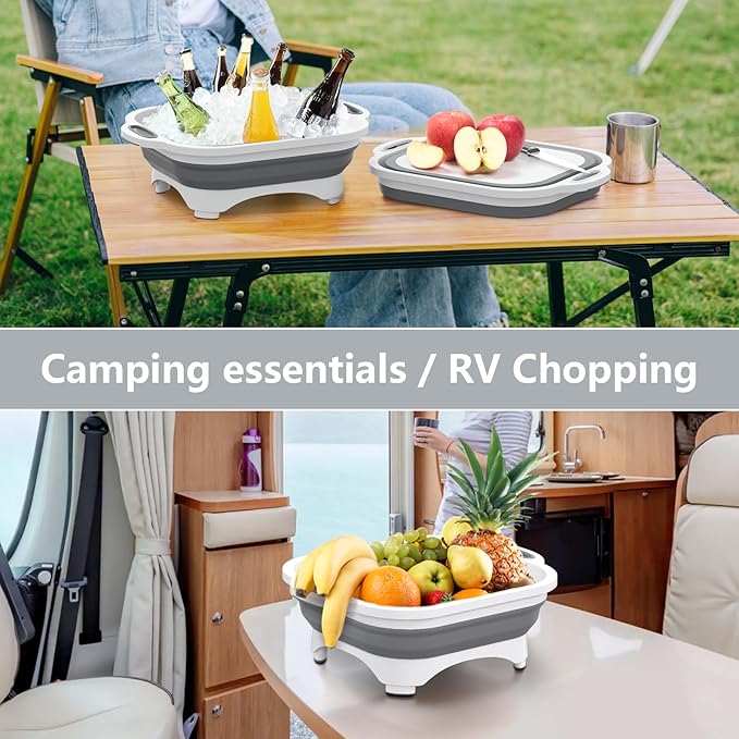 Collapsible Cutting Board,HI NINGER Camping cutting board with knife,Multifunctional Kitchen Vegetable Washing Basket Silicone Dish Tub for Camping Kitchen essentials/bbq prep tub/rv accessories