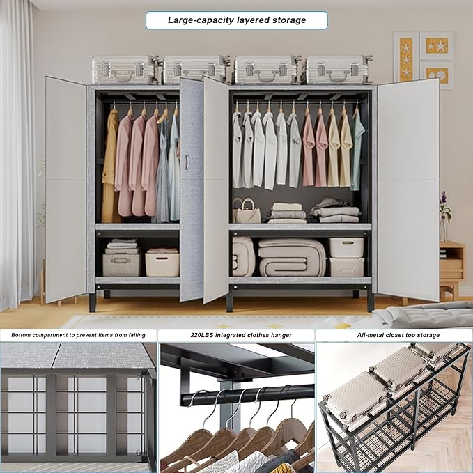 FPIGSHS Heavy Duty Clothes Rack with Magnetic Door 2000LBS Foldable Portable Wardrobe Closet for Hanging Clothing Rolling Garment Rack on Wheels for Bedroom Closet System (B(Grey Door, 71in)