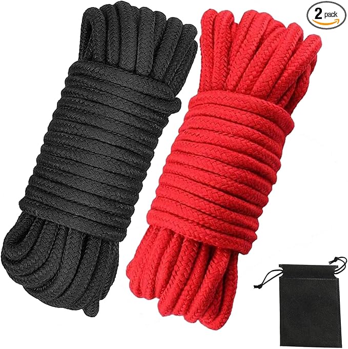 Soft Cotton Rope, 32 feet / 10m Rope, 8mm Thick, Soft Rope, Long Rope, Soft Tying Rope (Black+Red+Bag)