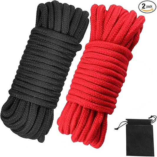 Soft Cotton Rope, 32 feet / 10m Rope, 8mm Thick, Soft Rope, Long Rope, Soft Tying Rope (Black+Red+Bag)