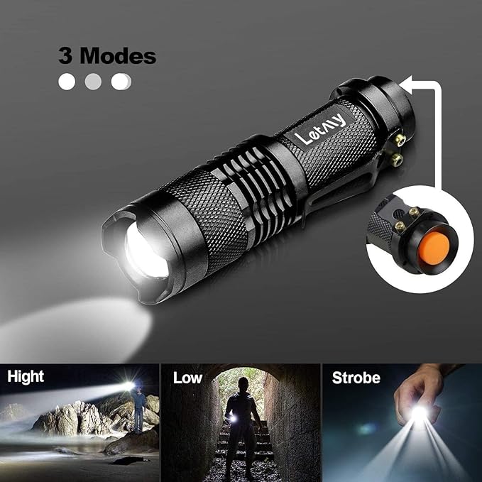 LETMY Tactical Flashlight, Super Bright LED Mini Flashlights with Belt Clip, Zoomable, 3 Modes, Waterproof - Best EDC Flashlight for Gift, Hiking, Camping, Hurricane & Power Outage (4 Pack)