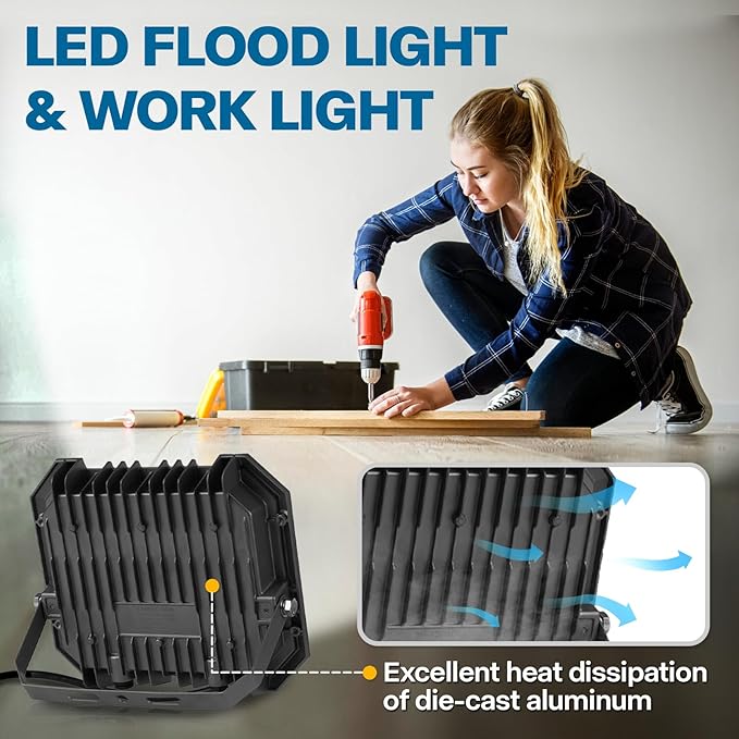 2 Pack LED Flood Lights Outdoor, 100W 10000LM Super Bright Floodlight Outside Work Light with 5.9FT Plug, IP65 Waterproof 6000K Outdoor LED Flood Light for Garage, Yard, Lawn, Garden