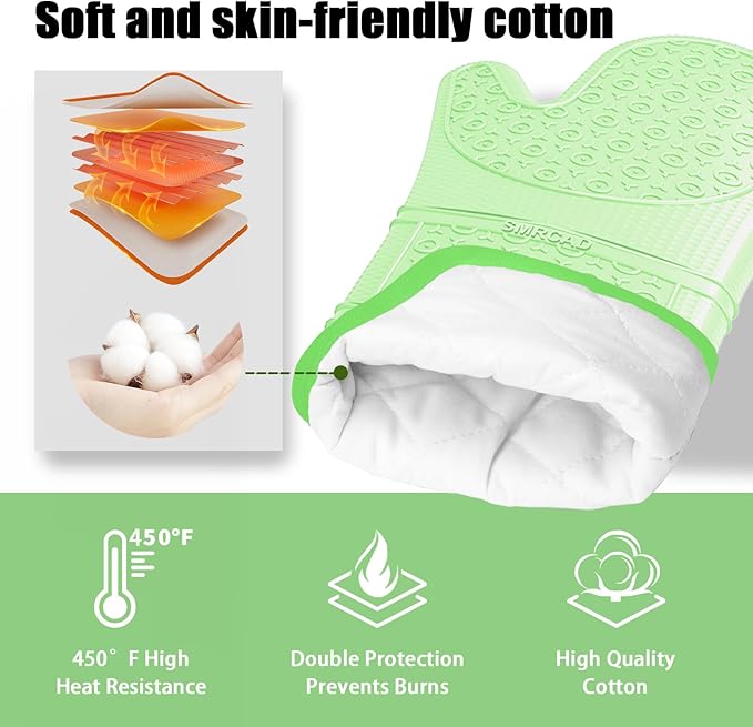 Oven Mitts with Heat-Resistant Hot Pads and Five Silicone Spatulas Designed for Kitchen Baking Cooking, Oven Glove Soft Cotton Lining, Waterproof, BPA-Free (Fluorescent Green, 15.7)