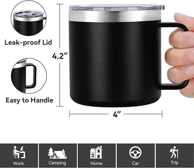 VEGOND 14 oz Insulated Coffee Mug with Handle, Stainless Steel Travel Coffee Mug with Lid, Double Wall Vacuum Metal Coffee Cup, Coffee Tumbler Powder Coated, Black 1 Pack