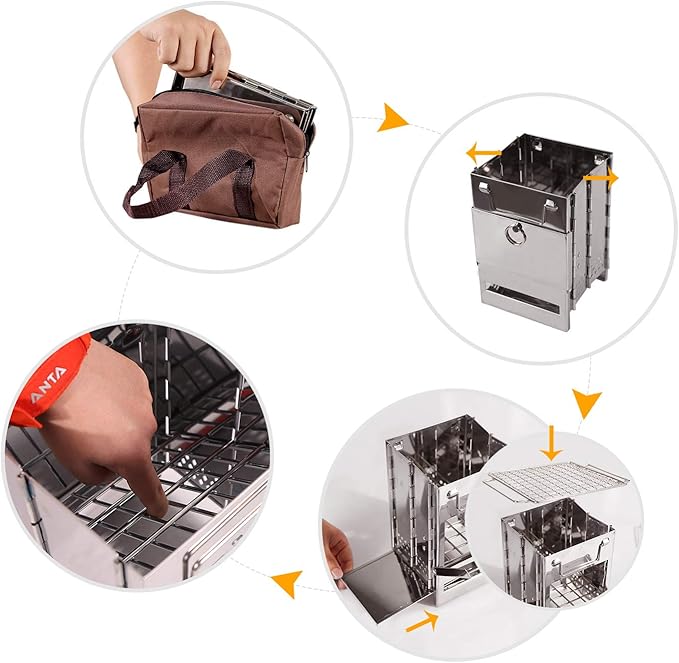 Portable Folding Camping Wood Stove for Outdoor Cooking, Sturdy Lightweight 304 Stainless Steel Wood Burning Camp Stove with Grill for Backpacking BBQ Small/Large (Small)