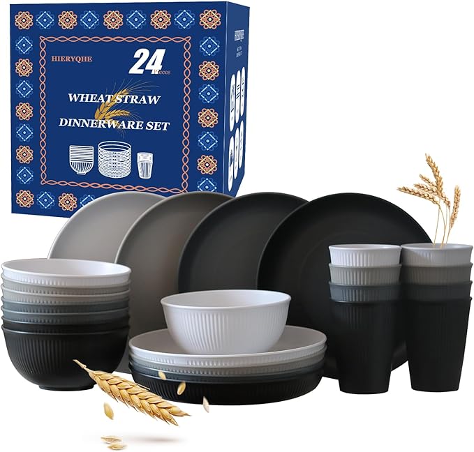 24pcs Wheat Straw Dinnerware Sets For 8, Unbreakable Plates and Bowls Wheat Straw Dinnerware Microwavable Cups Plates and Bowls Sets Shatterproof For Outdoor Kitchen Camping