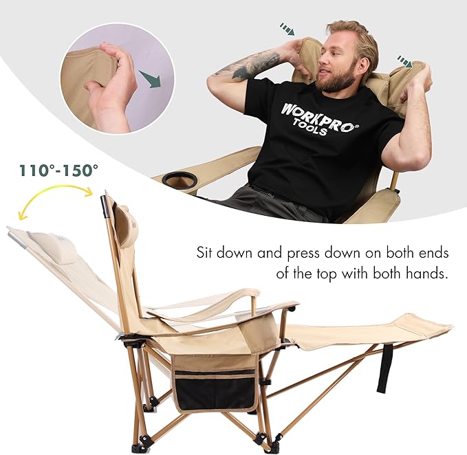 VILLEY Reclining Camping Lounge Chair Adjustable Foldable Chair for Adults with Removable Footrest, Headrest & Storage Bag Supports Up to 330 LBS Beige