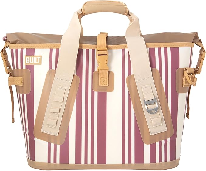 BUILT Large Welded Soft Portable Cooler with Wide Mouth Opening Insulated and Leak-Proof Dusty Rose Stripe