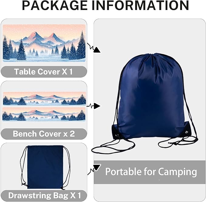 CAPSCEOLL Fitted Picnic Table Cover with Bench Covers with Elastic 8Ft Waterproof Picnic Table Cloths Windproof Outdoor Camping Tablecloth with Drawstring Bag, 96X30in, Snow Mountain