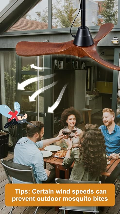 3 Blades Wood Outdoor Ceiling Fan for Patios, Farmhouse Rustic Ceiling Fans, 34" Plug-in Wet Rated Outdoor Gazebo Fan for Exterior House Porch Patio, Waterproof,F246